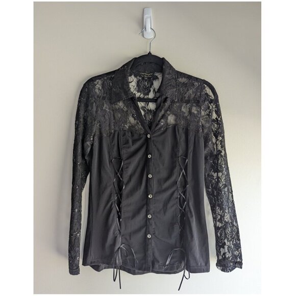 Y2K Champange by Le Greiner Ribbon Lace Sequin yoke top - Picture 1 of 11